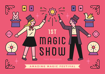 Magic show poster. Cute and classic template. flat design style minimal vector illustration.