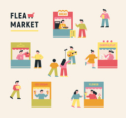 People who shop at a flea market flat design style minimal vector illustration.