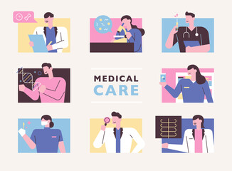 Doctors who do various tasks.  flat design style minimal vector illustration.