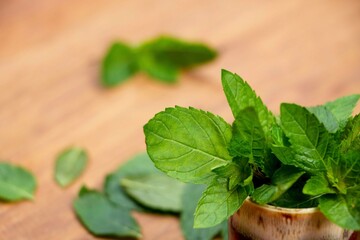 Mint leaves in a ceramic cup on wooden table