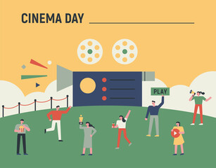 Movie Day. Many people enjoy the festival around the giant projector. flat design style minimal vector illustration.