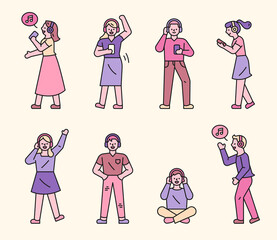 A source of many people character wearing headsets and listening to music. flat design style minimal vector illustration.