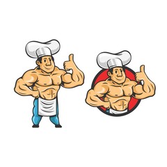 Cartoon retro vintage bodybuilder chef character mascot logo. chef muscle logo. vector illustration