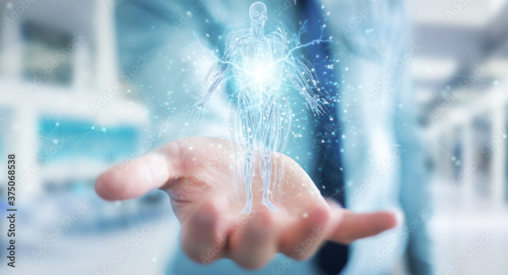 Poster Man using digital x-ray human body holographic scan projection 3D rendering