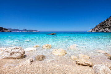 Fototapeta na wymiar The clear, turquoise sea of the famous Myrtos beach on the Ionian island of Kefalonia, Greece
