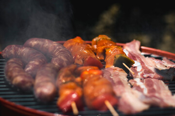 Grilled meat with skewers and meat in the barbeque