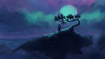 night scene of astronaut looking blue moonlight, on the top of the hill under the tree  ,digital art, Illustration painting © Wachirawit