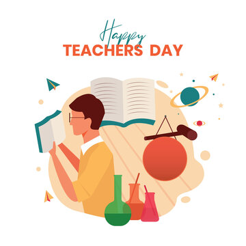 Happy Teachers Day concept with a boy reading a book and vector educational illustrations 