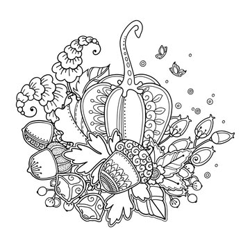 Autumn pumpkin and oak floral composition, vector illustration