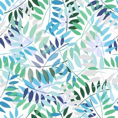 Seamless pattern with small leaves and flowers. Blue-green colors.