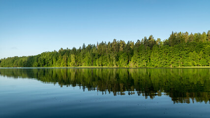 Fototapeta na wymiar mirror image on the lake, green forest by the lake in reflection in the blue water, beauty in nature