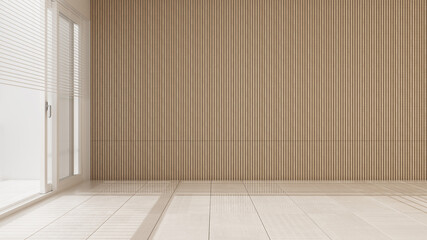 Empty room interior design, open space with big panoramic window, marble tiled floor, white and wooden walls, venetian blinds, modern architecture idea