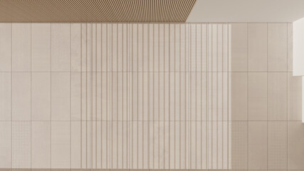 Empty room interior design, open space with marble tiled floor, white and wooden walls, modern architecture idea, top view, plan, above