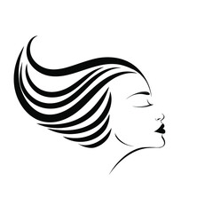 Woman with elegant hairstyle and makeup.Hair salon and beauty studio logo.Hairdresser, cosmetics and spa icon.Young lady portrait.Beautiful face isolated on white background.Profile view.