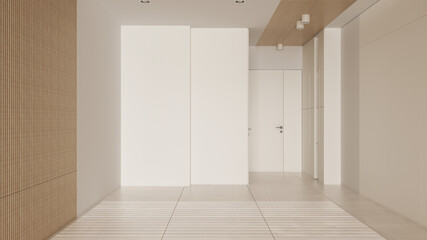 Empty room interior design, open space with marble tiled floor, white and wooden walls, modern architecture idea