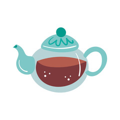 Light blue kettle with tea, coffee. Hot drink. Autumn illustration, element. Vector. Isolated on white background.