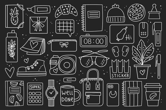 Back to school big clip art, set of elements, stickers. Office stuff, stationery. Notebook, glasses, bag, pen, marker, plant, laptop, clock, coffee, accessory, device, decor. Vector chalk design.