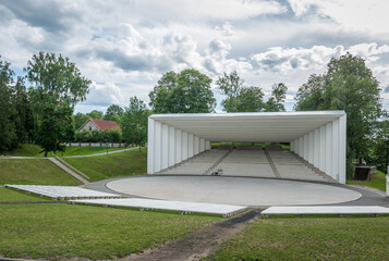 Song festival ground amphitheater in Viljandi. View of outdoor stage with cloudy sky. Estonia,...