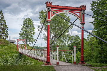 Suspension footbridge on top of the hill in Viljandi; Estonia. Baltic.