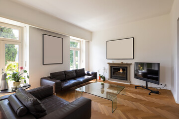 Elegant vintage living room with leather sofa in a stately villa. Parquet floor