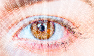 Obraz premium Close up of woman eye with binary code
