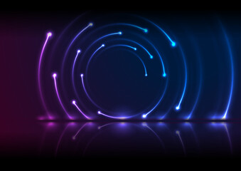 Blue and ultraviolet neon laser swirl with reflection. Abstract technology retro background. Futuristic glowing vector design.