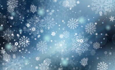 Blue abstract christmas background with snowflakes white bokeh stars blurred beautiful shiny light, use for card new year wallpaper backdrop