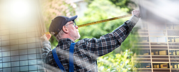 Repairman taking measures with tape measure; multiple exposure