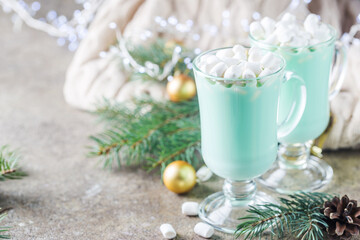 Fototapeta na wymiar Homemade Peppermint Hot Chocolate with Marshmallows for Christmas holiday