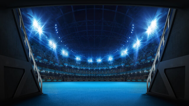 Stadium tunnel leading to playground. Players entrance to illuminated tennis arena full of fans. Digital 3D illustration background for sport advertisement. 