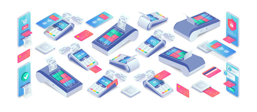 Electronic payments isometric set. 3d Cashless payment machine, smartphone, credit card, smart terminal with online cash desk, EMV chip card square reader. Vector Mobile NFC contactless payments