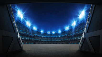 Stadium tunnel leading to playground. Players entrance to illuminated racing arena full of fans. Digital 3D illustration background for sport advertisement.  © LeArchitecto