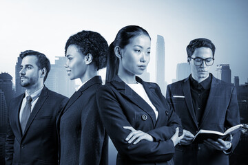 Group of four business partners in suits dreaming and looking for new opportunities to succeed....