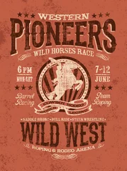 Rolgordijnen Western pioneers rodeo poster vintage vector artwork for t shirt grunge effect in separate layer  © PrintingSociety
