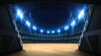 Stadium tunnel leading to playground. Players entrance to illuminated basketbal arena full of fans. Digital 3D illustration background for sport advertisement.  - obrazy, fototapety, plakaty