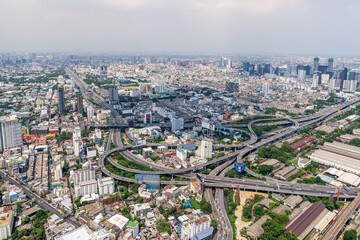 Bangkok, Thailand - August 29, 2020: Bird's eye view of Bangkok skyline cityscape and expressway