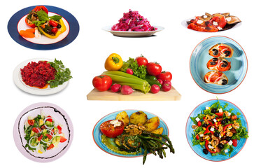 Set of vegetarian dishes isolated on white background..