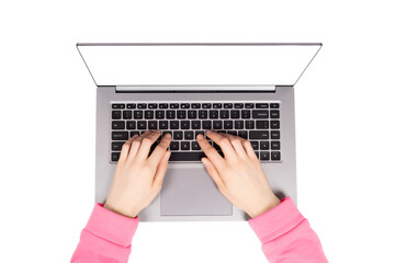 Fototapeta na wymiar Female hands working on new laptop isolated on white background