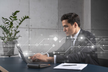 Businessman in office working laptop technology typing computer assemble data drawing concept. Double exposure.
