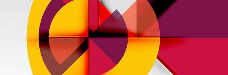 Bright color circles, abstract round shapes and triangles composition with shadow effects. Vector modern geometric design template