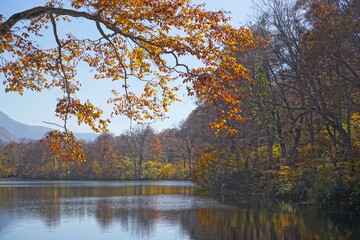 Beautiful autumn landscape in Northern Alps of Japan, Otari, Nagano