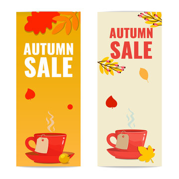 Set of two autumn sale advertising banner with autumn leaves and red cup. Season discount concept. Vector stock illustration.