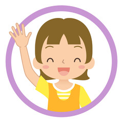 笑顔で元気に手をあげて返事をする女の子のアイコン　子ども　イラスト