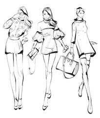 Beautiful young women in modern style.. Hand drawn stylish woman portrait. Fashion lady. Festive outfit. Sketch. Fashion model posing in dress. Hand drawn fashion woman.