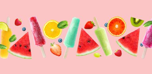 Summer popsicles and fresh fruits, watermelon pattern on pink background.