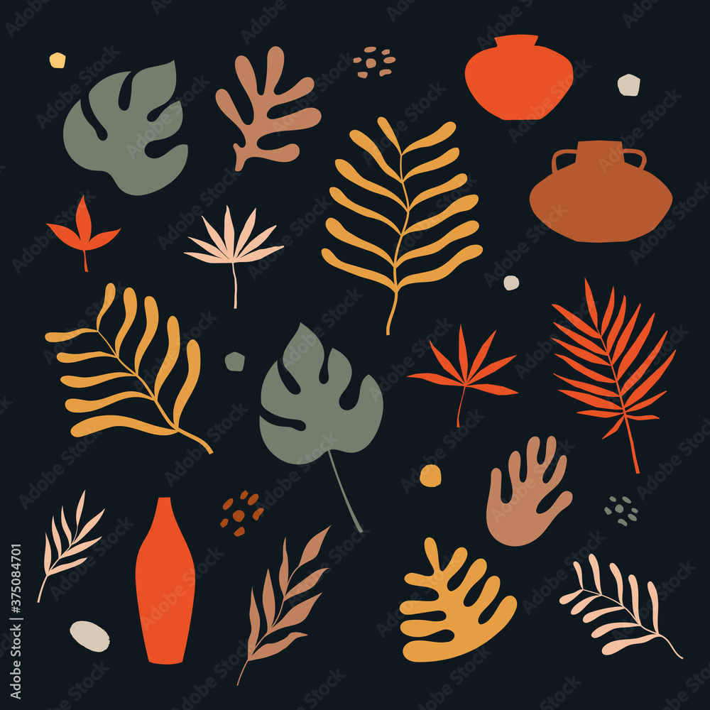 Poster set of exotic palm leaves of various shapes and sizes vector illustration on a dark background. trop