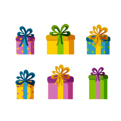 Set of six present boxes of different sizes and colors. Gifts for a happy holiday. Isolated vector illustration in flat style