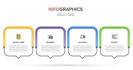 Concept of shopping process with 4 successive steps. Four colorful graphic elements. Timeline design for brochure, presentation, web site. Infographic design layout.