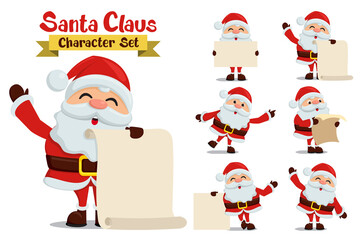 Santa claus vector character set. Santa christmas cartoon characters in different standing pose and gestures holding wish list isolated for xmas holiday collection design. Vector illustration