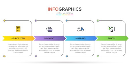Concept of shopping process with 4 successive steps. Four colorful graphic elements. Timeline design for brochure, presentation, web site. Infographic design layout.
